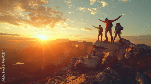 Male hiker celebrating success on top of a mountain in a majestic sunrise and Climbing group friends helping hike up .Teamwork  Helps Success  winner and Leadership.