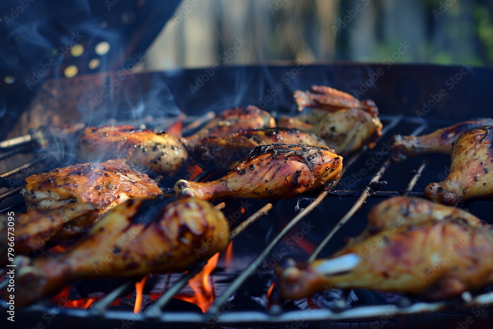 grilled chicken with smoke on the grill steel