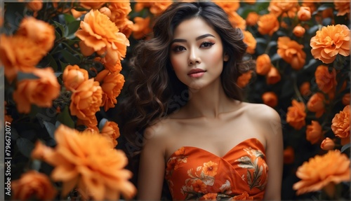 orange flowers background for asian beautiful happy woman on dress from Generative AI