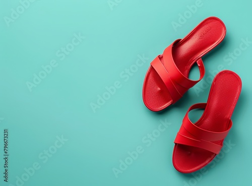 Red sandals on blue background. Minimal summer concept, happy vibes