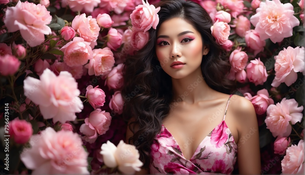 pink flowers background for asian beautiful happy woman on dress from Generative AI