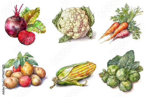 watercolor vegetable clipart beetroot cauliflower carrots potatoes corn brussel sprouts isolated on white