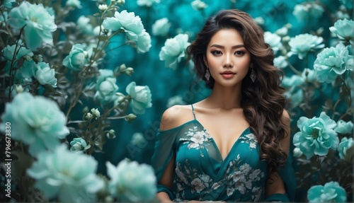teal flowers background for asian beautiful happy woman on dress from Generative AI
