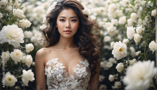 white flowers background for asian beautiful happy woman on dress from Generative AI