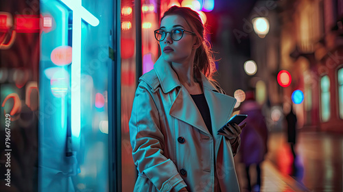 Portrait of a Beautiful Woman in Trench Coat Walking in a Modern City Street with Neon Lights at Night. Attractive Female Using Smartphone and Looking Around the Urban Cinematic Environment.
