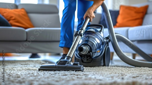 Person vacuuming carpet with vacuum cleaner