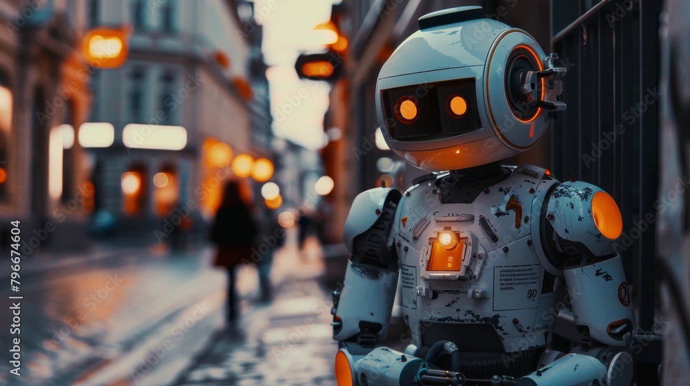 Cute robots wandering the city streets AI generated illustration Cute robots wandering the city streets AI generated illustration