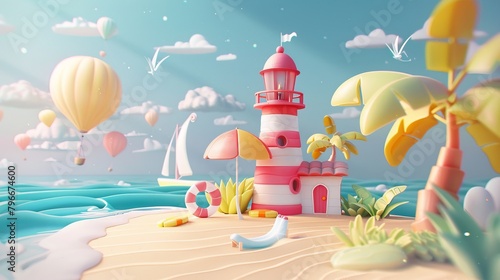 Cute summer scenes in a charming 3D style AI generated illustration