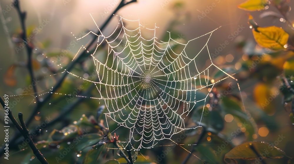 A dew-laden spiderweb, suspended in mid-air like a delicate work of art spun by nature's master weaver