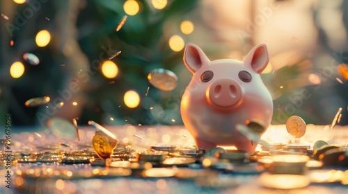 Design a playful 3D rendering of a cute piggy bank surrounded by coins AI generated illustration