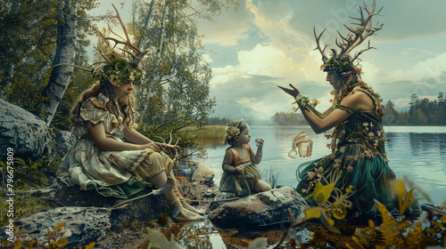 Family photo of mother and child fauns on the shore  photo