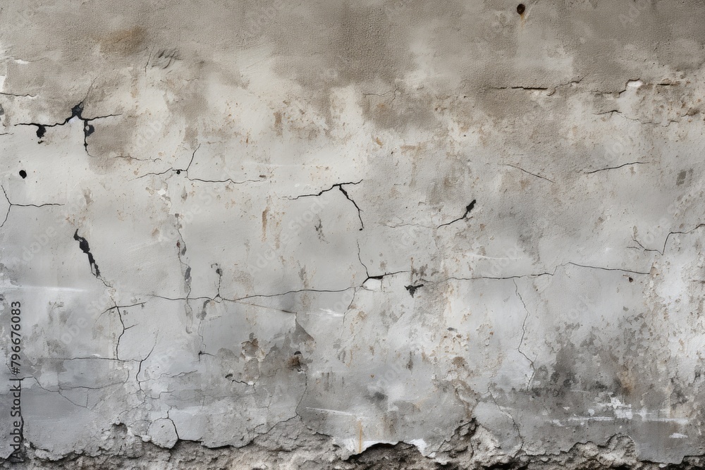 Close-up of a dirty gray concrete wall with cracked paint.