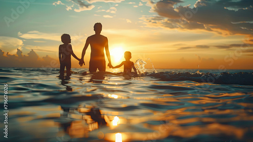 Silhouette family mother  father and young son holding hands  taking a swim in the sea for the first time the children over blurred beautiful.
