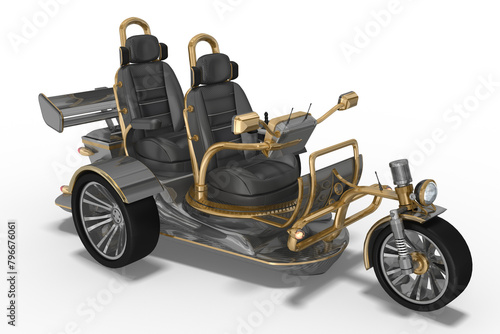 3d Luxus Elektro Trike mit Heckspoiler in Schwarz und Gold mit Zwei Sitzen und Breitreifen auf Alufelgen, freigestellt auf transparenten Hintergrund