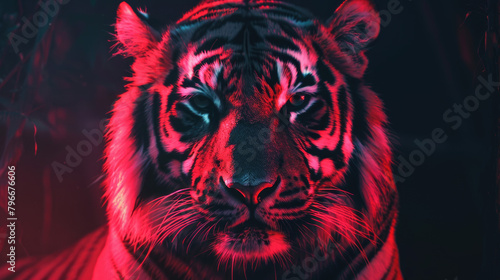 frontal view of a grim looking caspian tiger on white background  ethereal  dreamcore a vertifcal neon red light   professional color grading