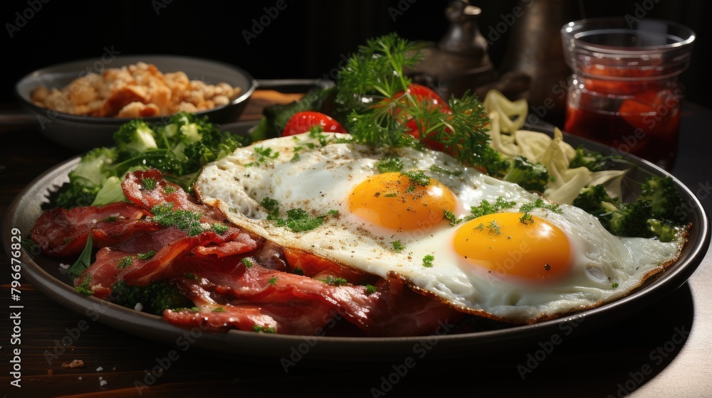 Appetizing delicious scrambled eggs with bacon. The theme is hot delicious breakfasts in cafes and at home.
