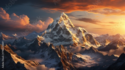 Majestic mountains against the background of a bright sunset. Winter snowy peaks. © Boomanoid