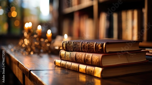 Beautiful hardback books lie on top of each other in a student library. Theme of gaining knowledge and education.