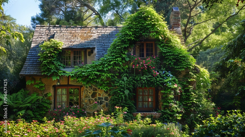 Fototapeta premium Enchanted cottage covered in blooming vines AI generated illustration