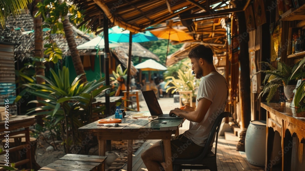 A man is sitting at a table with a laptop, looking at the screen A man is sitting at a table with a laptop, looking at the screen