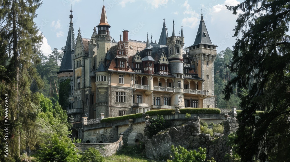 Naklejka premium European castle with turrets and battlements AI generated illustration