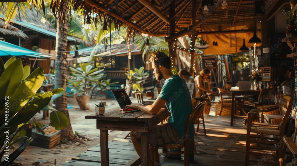 Fototapeta premium A man is sitting at a table in a restaurant with a laptop open