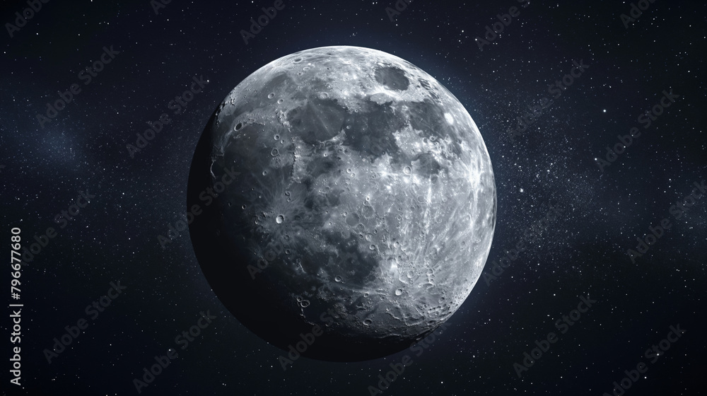 An image of the Moon, showing detailed craters and surface textures against a dark night sky filled with a myriad of stars.