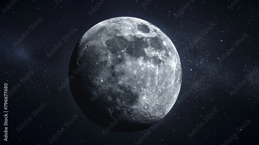 An image of the Moon, showing detailed craters and surface textures against a dark night sky filled with a myriad of stars. An image of the Moon, showing detailed craters and surface textures against a dark night sky filled with a myriad of stars.