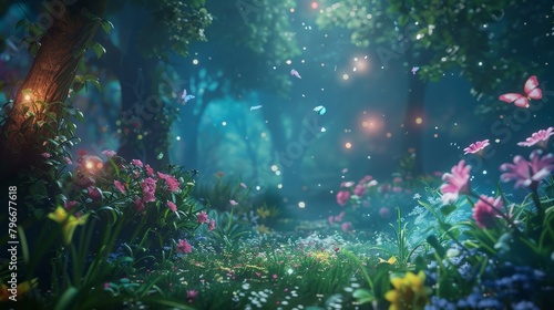 Ethereal forest scene with glowing flora and fauna  AI generated illustration photo