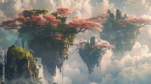 Ethereal landscapes with floating islands and delicate ecosystems  AI generated illustration © ArtStage