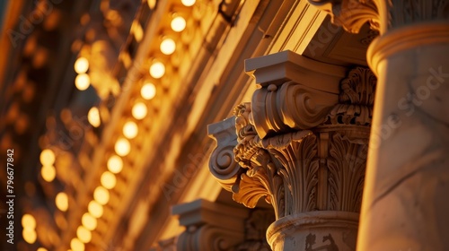 Soft outoffocus lights illuminating intricate architectural details of a grand classical building hinting at its role as the holder of centuries worth of knowledge and history. . photo