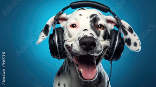 Dalmatian dog wearing headphones making funny face