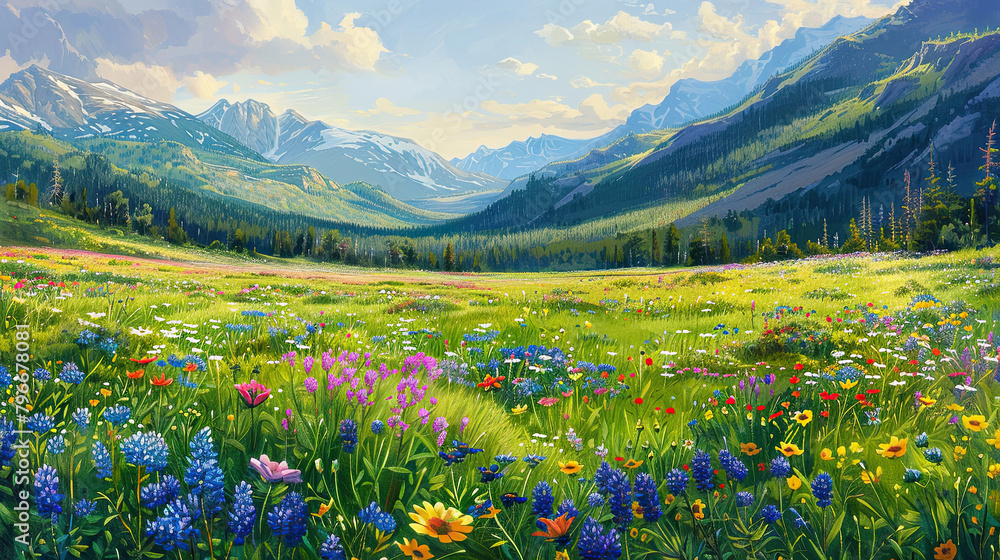 The breathtaking view of a wildflower meadow, with a diverse palette of colors stretching far into the horizon, inviting onlookers to wander and revel in nature's springtime display.