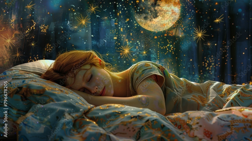 Beautiful young woman sleeping in bed at night with moon and stars ...