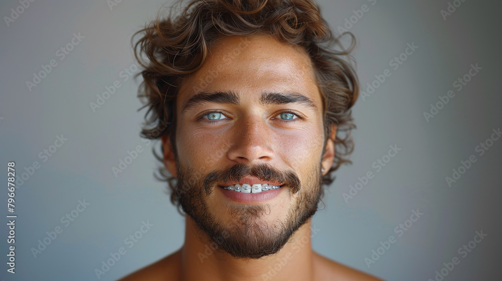 portrait of a young man with braces or brackets on teeth, on gray ...