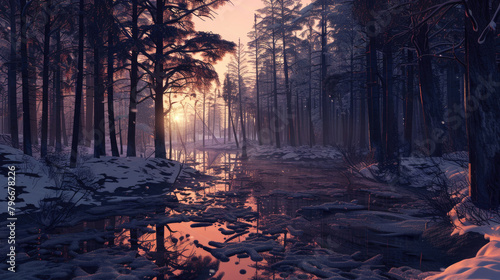 forest, winter, sunset, hyperrealistic style, cinematic, high resolution water, Montana