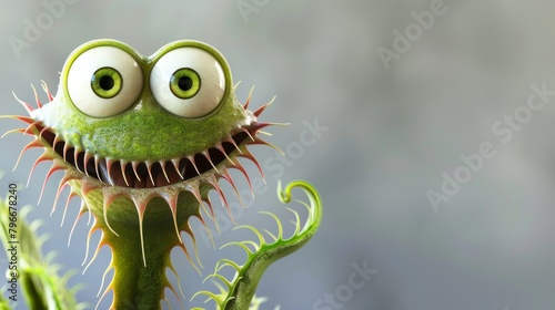 Funny green carnivorous plant with funny eyes on a gray background