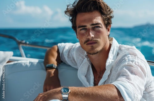 Handsome man with brown hair in a white shirt and a watch on his wrist sits on a yacht