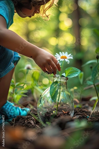 the child plants a flower in the garden