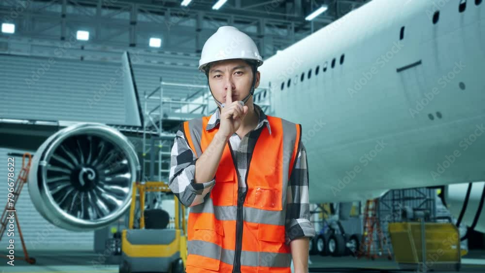 Asian Male Engineer With Safety Helmet Making Shh Gesture While Standing With Aircraft In The Hangar Asian Male Engineer With Safety Helmet Making Shh Gesture While Standing With Aircraft In The Hangar