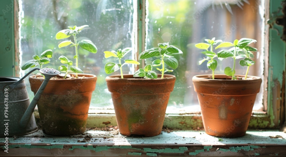 Several potted plants arranged neatly on a window sill. Several potted plants arranged neatly on a window sill.