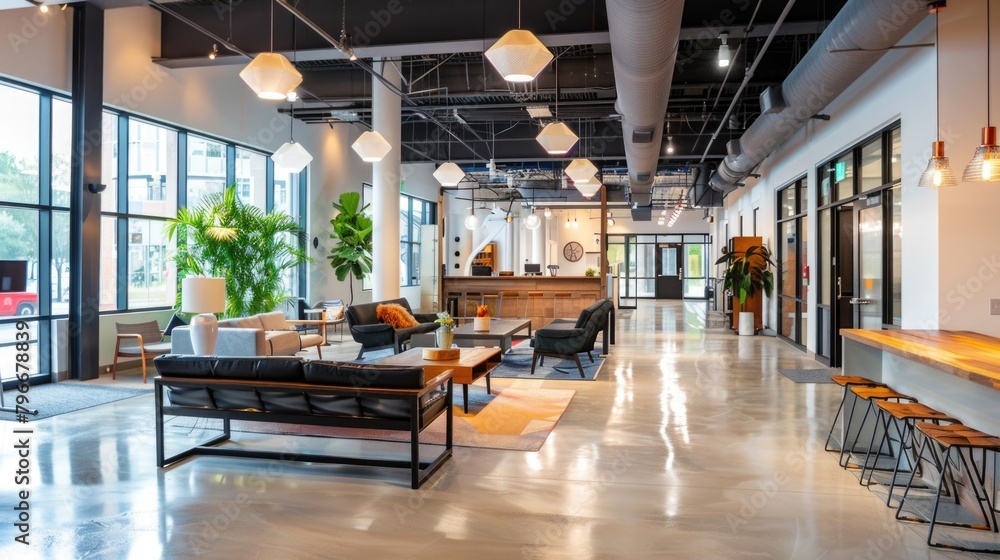A large open space with a lot of seating and a few potted plants A large open space with a lot of seating and a few potted plants