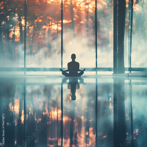 A Silhouette of person meditation sitting in blurred background.