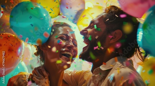 Happy couple is surrounded by colorful confetti and balloons