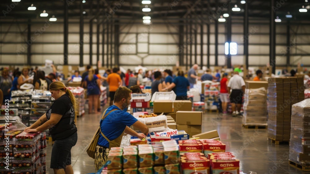A large group of people are shopping in a warehouse