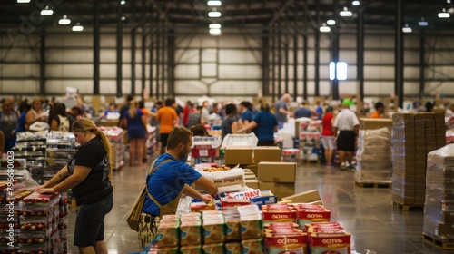 A large group of people are shopping in a warehouse