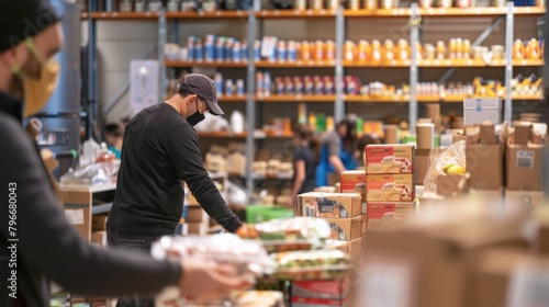 Volunteer man wearing a black shirt and a hat is in a store aisle with other people