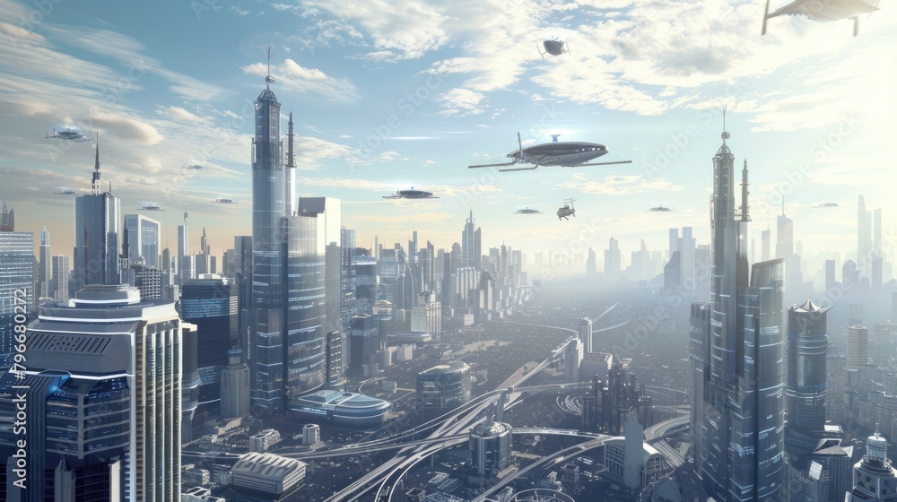 A futuristic cityscape with flying cars and drones A futuristic cityscape with flying cars and drones