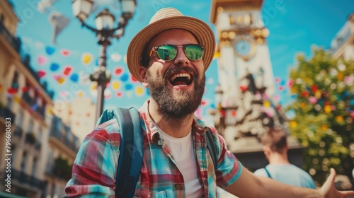 A man traveler wearing a hat and sunglasses is smiling and laughing
