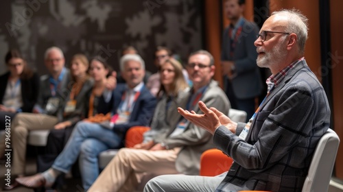 A man in a gray jacket is giving a presentation to a group of people